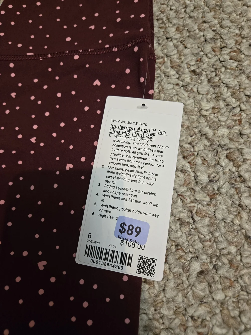 NWT Scattered Hearts Align no Line HR 25 in inseam Women's Size 6 Red